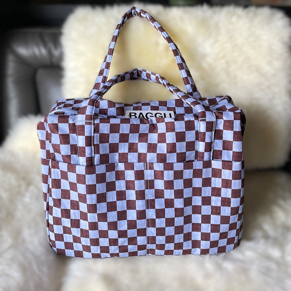 NWT Baggu Cloud Regular Carry-on - Brown Blue Check - Picture 1 of 7